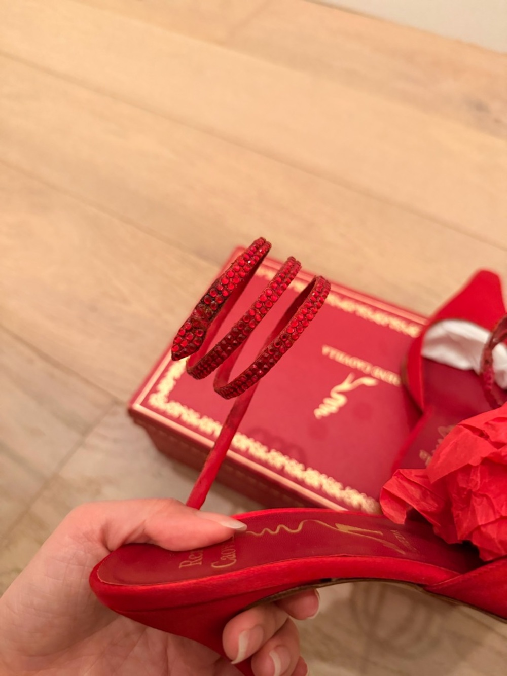 Rene Caovilla Red Satin Crystal Wrap Serpent Heels - Picture 5 of 10